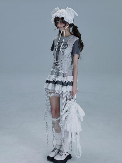 WSW WUSHENWU Tear Garden Asymmetrical Lace Tee Dress