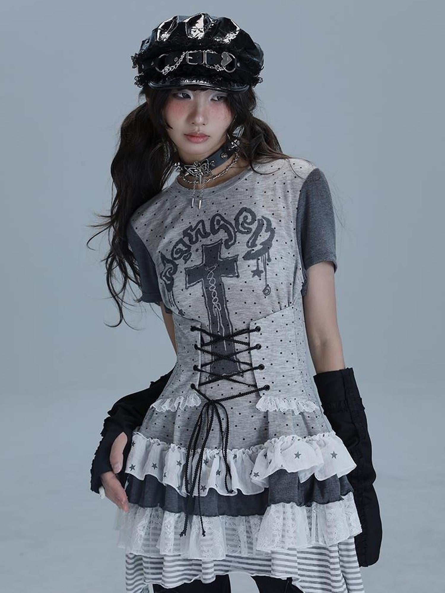 WSW WUSHENWU Tear Garden Asymmetrical Lace Tee Dress