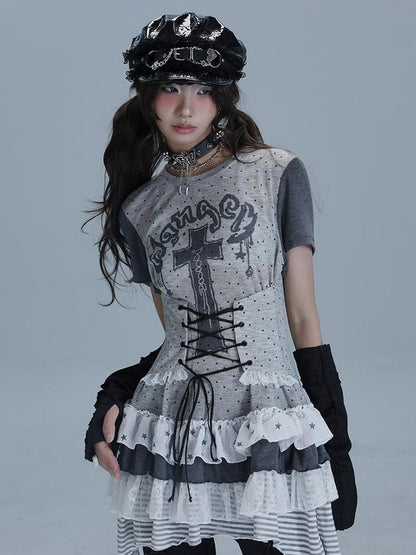 WSW WUSHENWU Tear Garden Asymmetrical Lace Tee Dress
