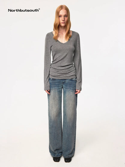 Textured Crease Low Rise Relaxed Jeans