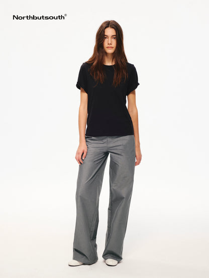 Textured Crewneck Folded Cuff Loose Women&