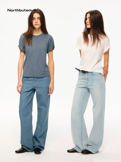 Textured Crewneck Folded Cuff Loose Women&