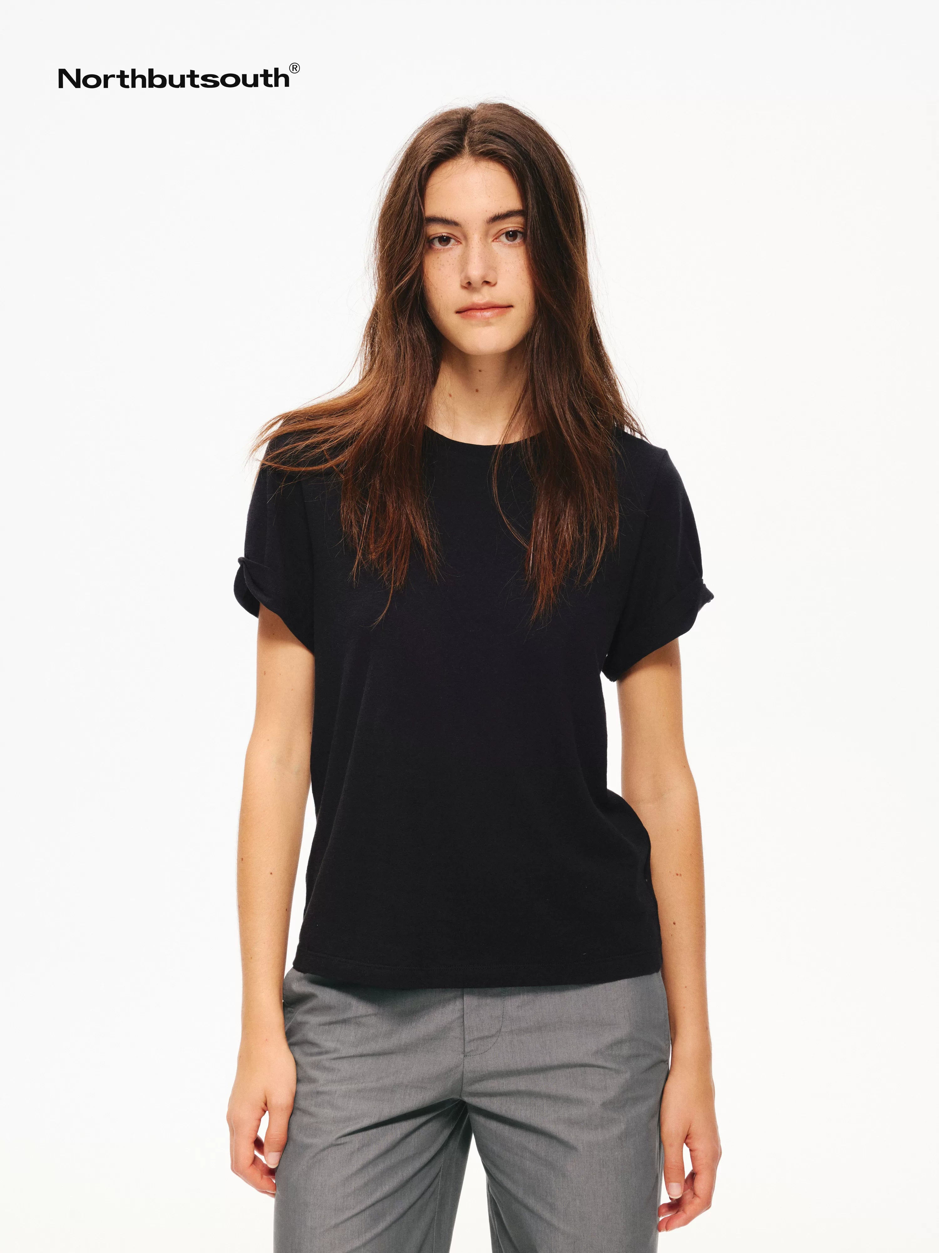 Textured Crewneck Folded Cuff Loose Women&