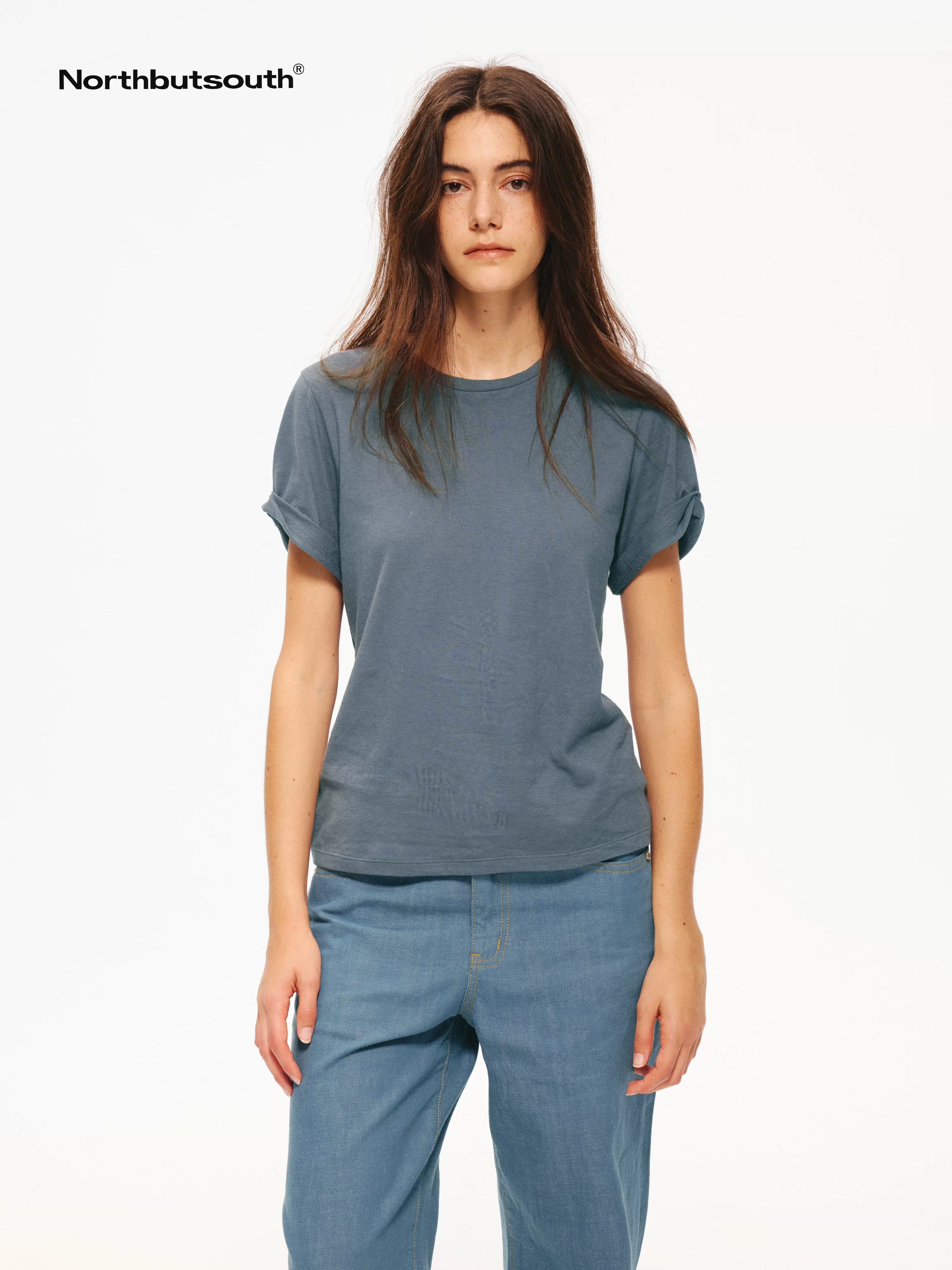 Textured Crewneck Folded Cuff Loose Women&