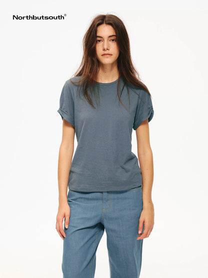 Textured Crewneck Folded Cuff Loose Women&