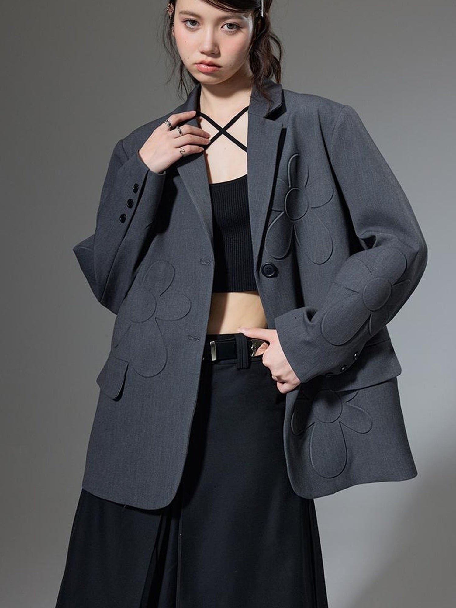 DIDDI MODA Textured Floral Blazer Spring Structured Jacket