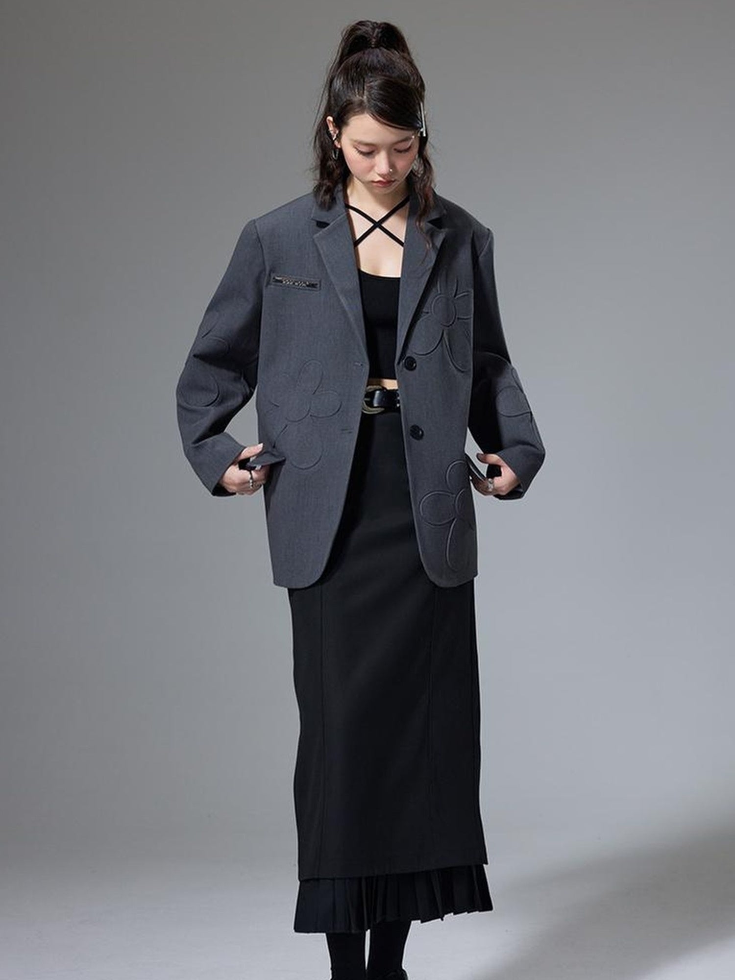 DIDDI MODA Textured Floral Blazer Spring Structured Jacket