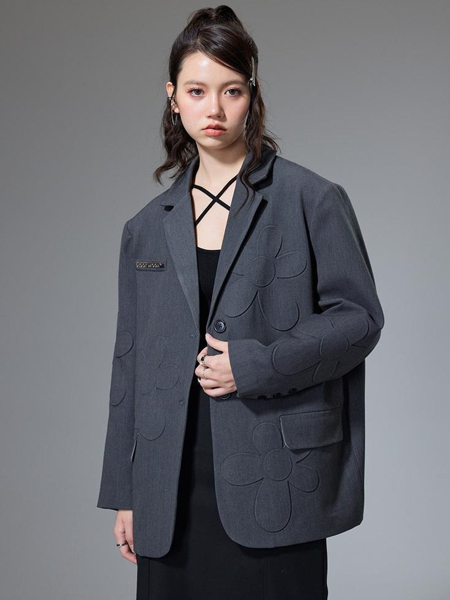 DIDDI MODA Textured Floral Blazer Spring Structured Jacket