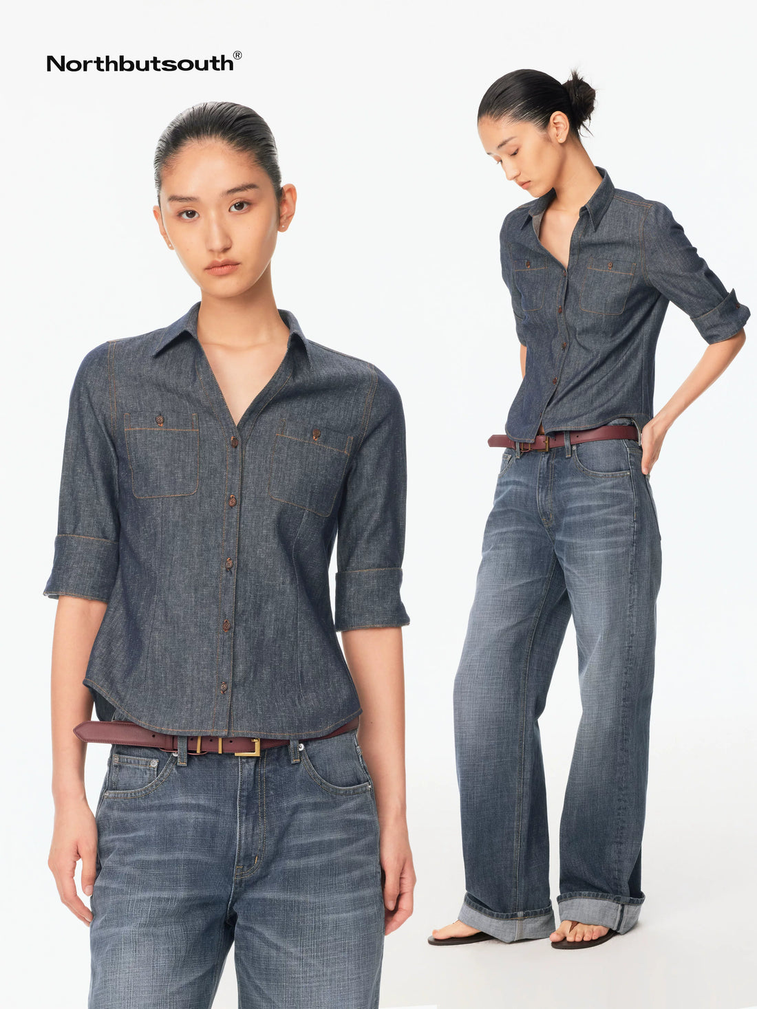 Textured V-neck Waist Cinched Folded Mid Sleeve Women&