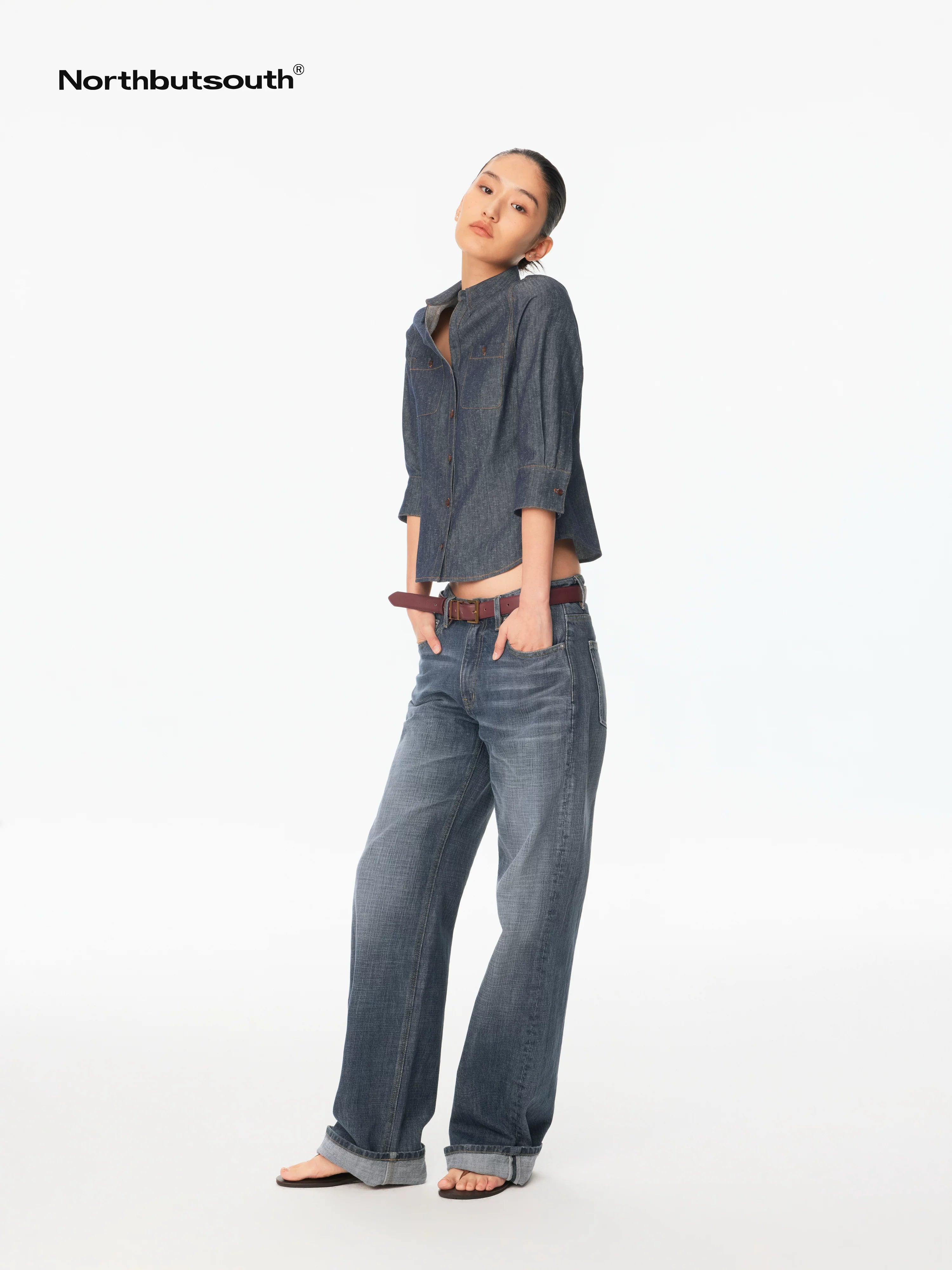 Textured V-neck Waist Cinched Folded Mid Sleeve Women&