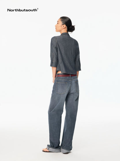Textured V-neck Waist Cinched Folded Mid Sleeve Women&