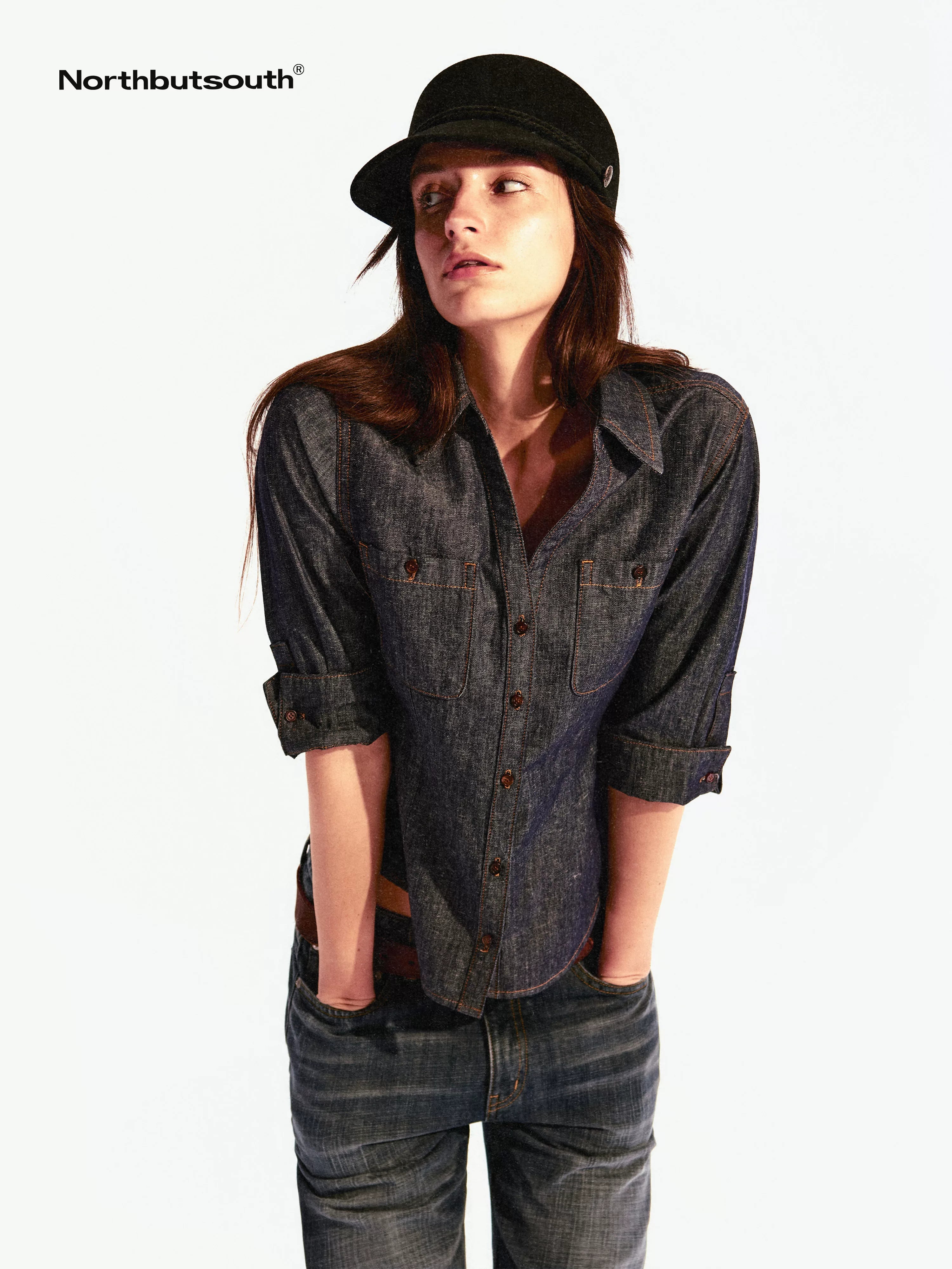 Textured V-neck Waist Cinched Folded Mid Sleeve Women&