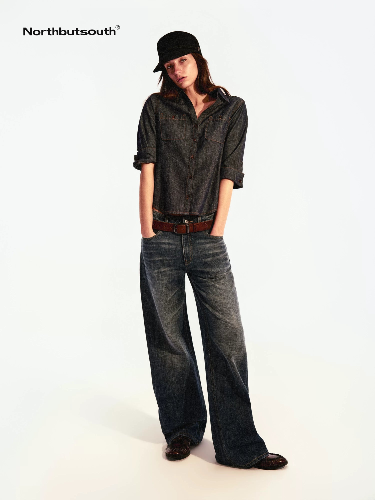 Textured V-neck Waist Cinched Folded Mid Sleeve Women&