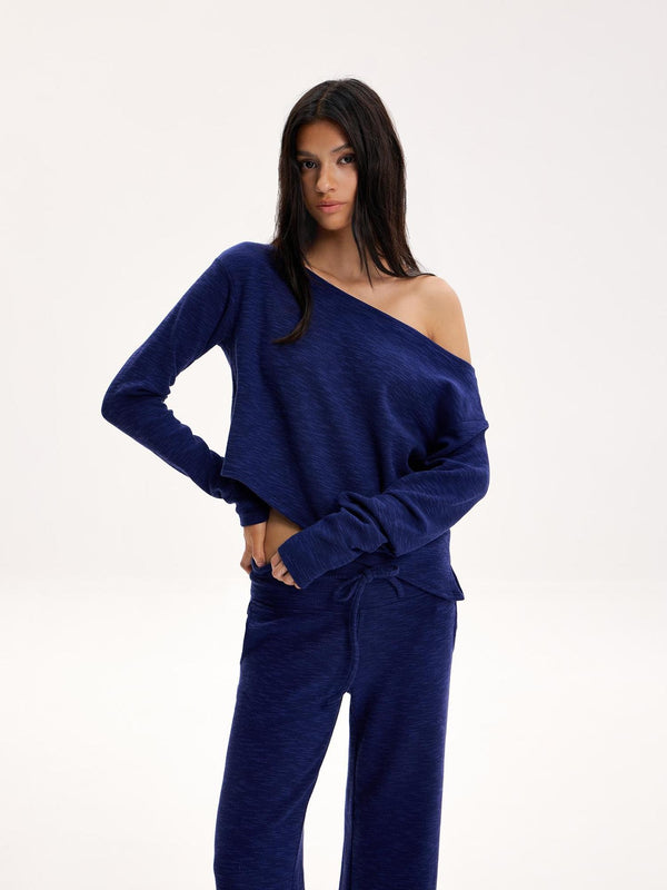 Blue Asymmetric Knit Long Sleeve High Waist Drawstring Women's Casual Top & Pants Sets