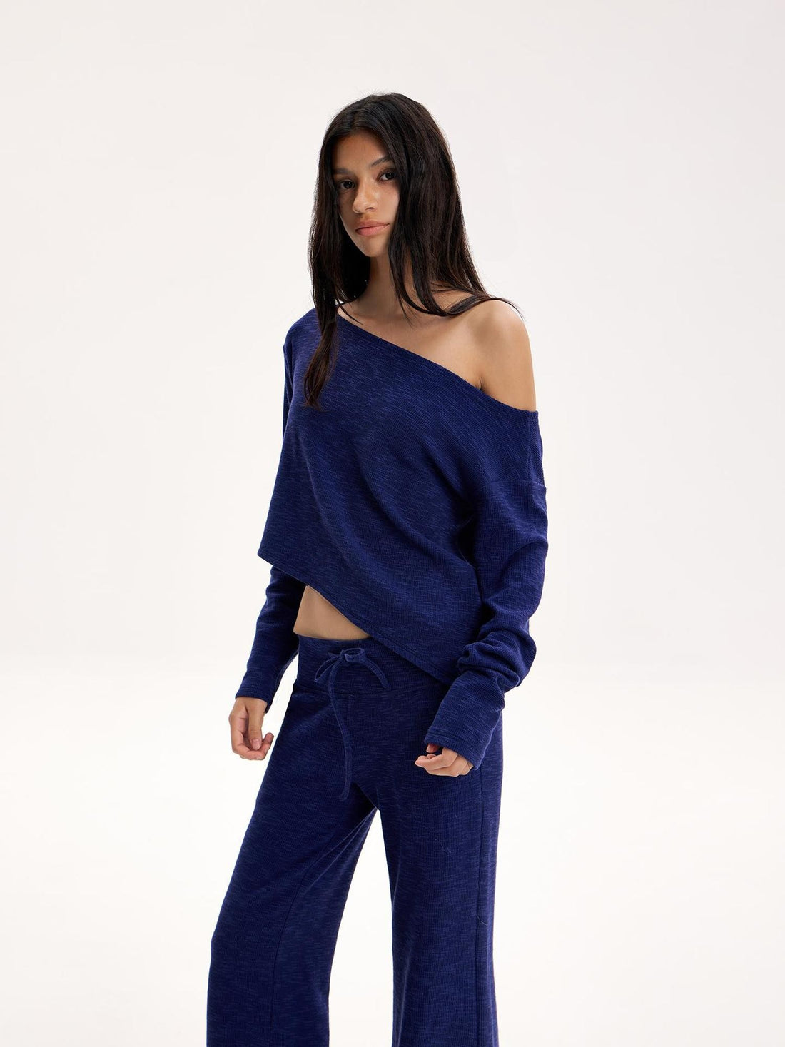 The NeverMore Blue Asymmetric Knit Long Sleeve High Waist Drawstring Women&