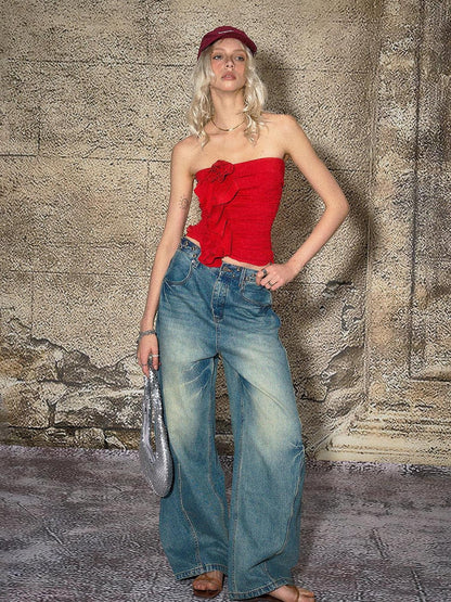 The NeverMore Blue Split Seam Distressed Wide Leg Women&