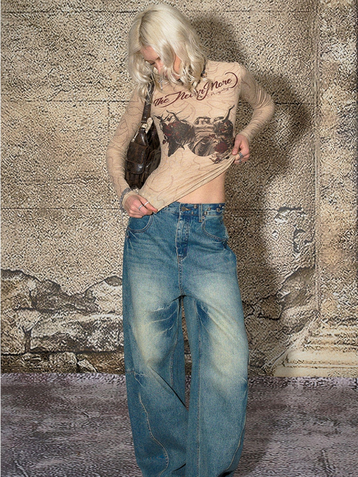 The NeverMore Blue Split Seam Distressed Wide Leg Women&