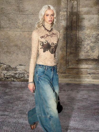 The NeverMore Blue Split Seam Distressed Wide Leg Women&