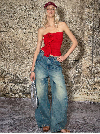 The NeverMore Blue Split Seam Distressed Wide Leg Women&