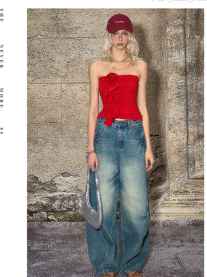 The NeverMore Blue Split Seam Distressed Wide Leg Women&