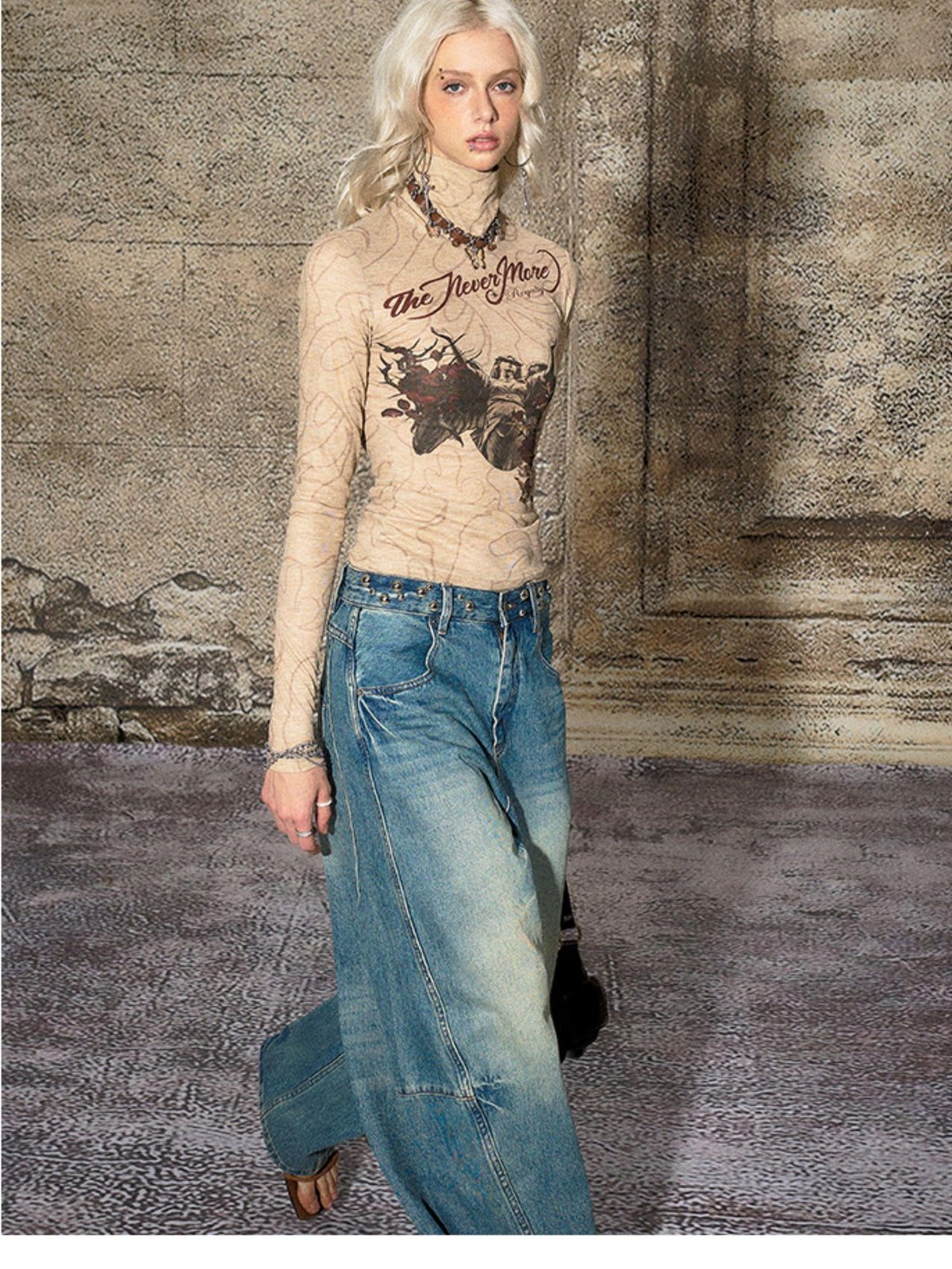 The NeverMore Blue Split Seam Distressed Wide Leg Women&