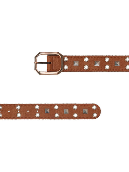 The NeverMore Brown Studded Vintage Pin Buckle Minimalist Jeans Women&