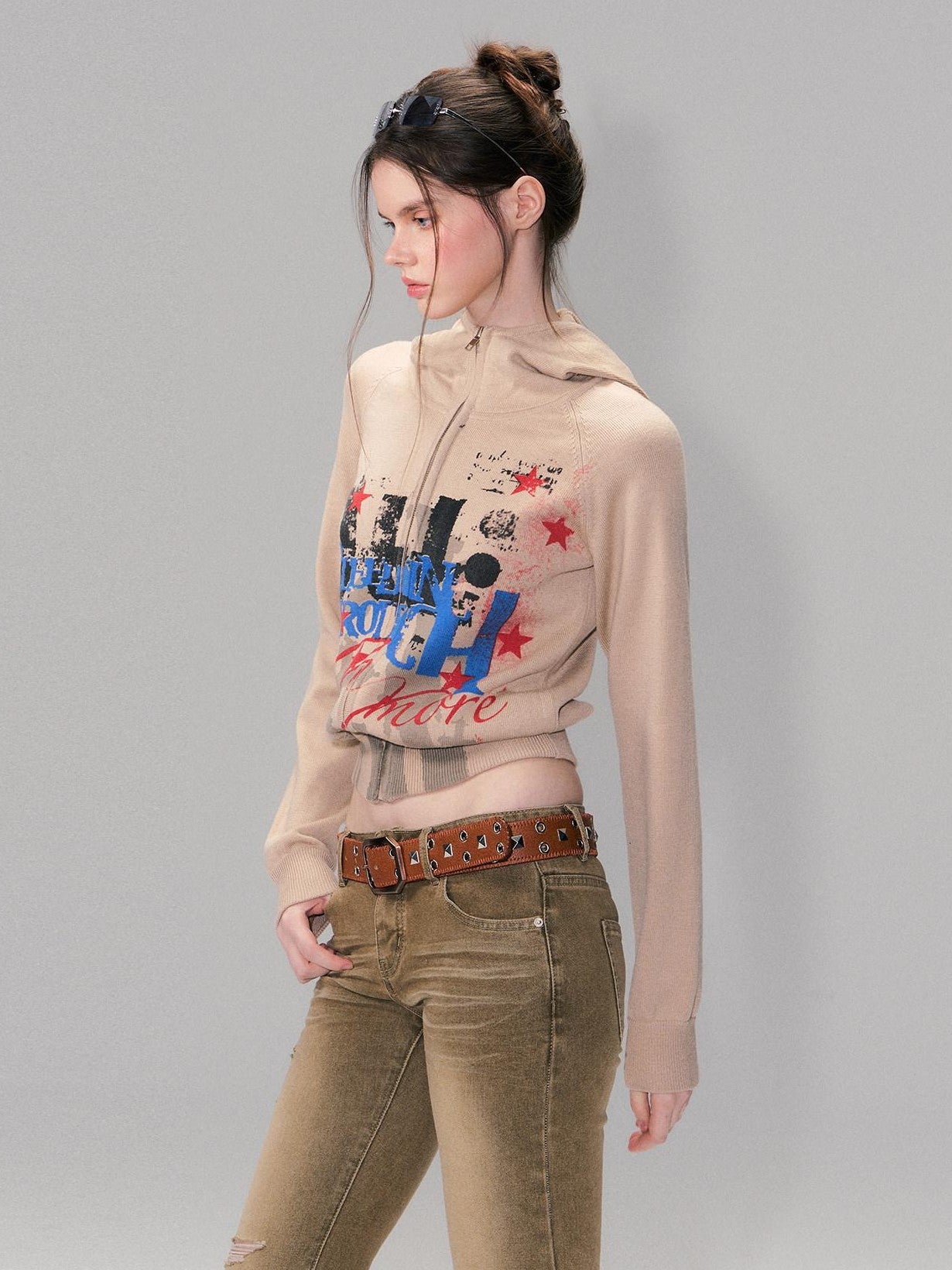 The NeverMore Brown Studded Vintage Pin Buckle Minimalist Jeans Women&