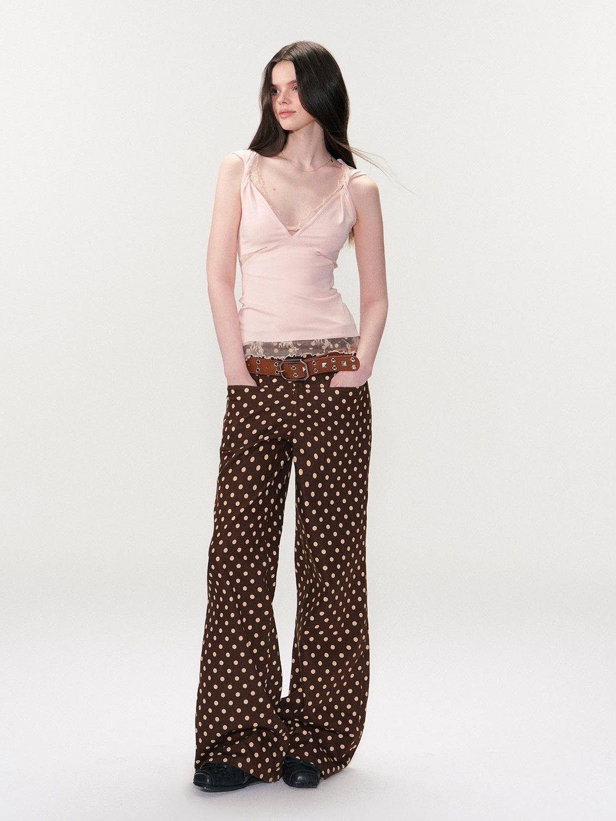 The NeverMore Brown Studded Vintage Pin Buckle Minimalist Jeans Women&