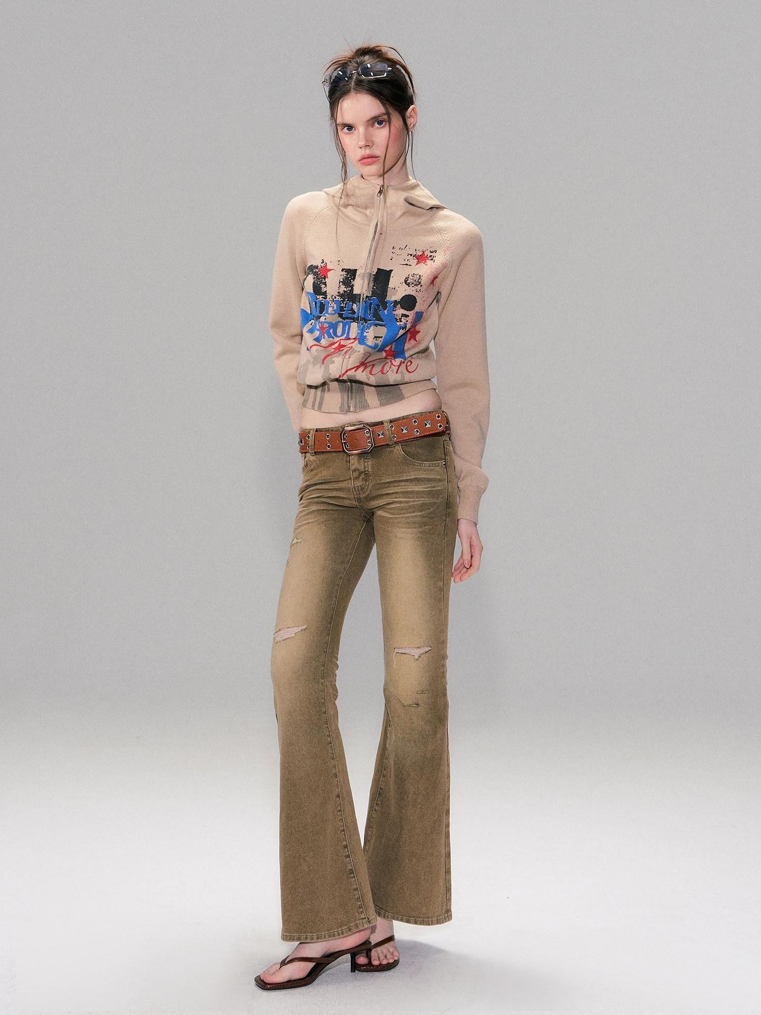 The NeverMore Brown Studded Vintage Pin Buckle Minimalist Jeans Women&
