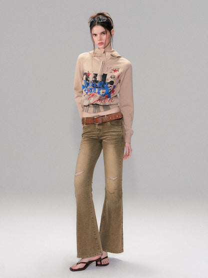 The NeverMore Brown Studded Vintage Pin Buckle Minimalist Jeans Women&