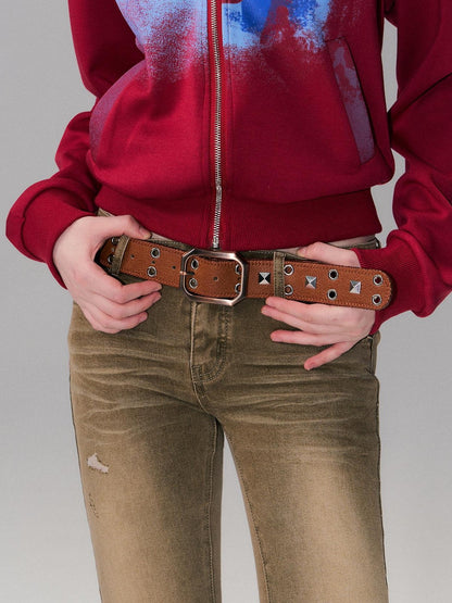 The NeverMore Brown Studded Vintage Pin Buckle Minimalist Jeans Women&