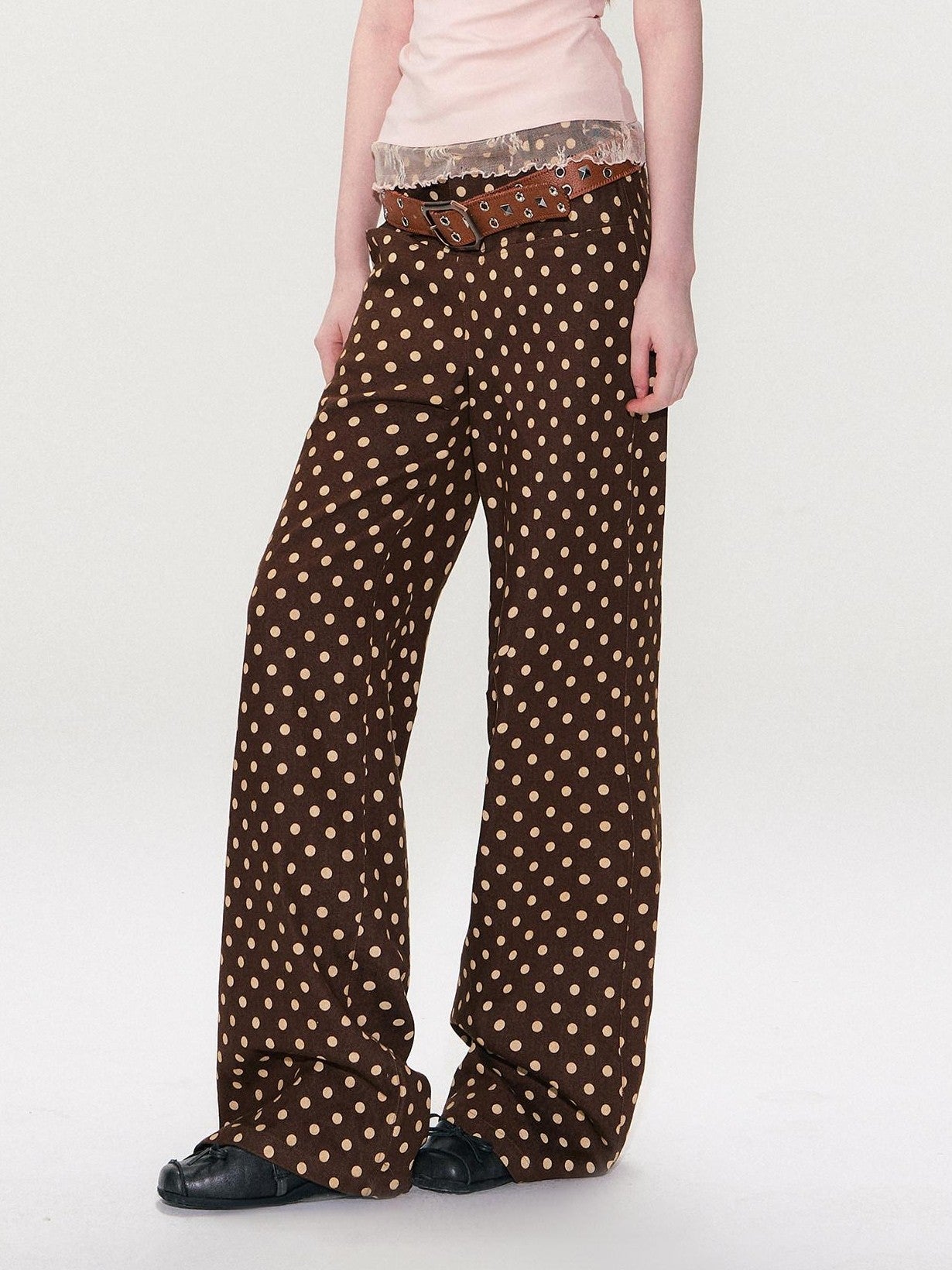 The NeverMore Brown Vintage Polka Dot Natural Waist Casual Women&
