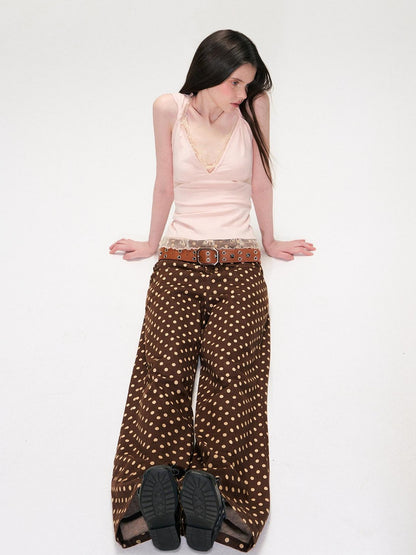 The NeverMore Brown Vintage Polka Dot Natural Waist Casual Women&