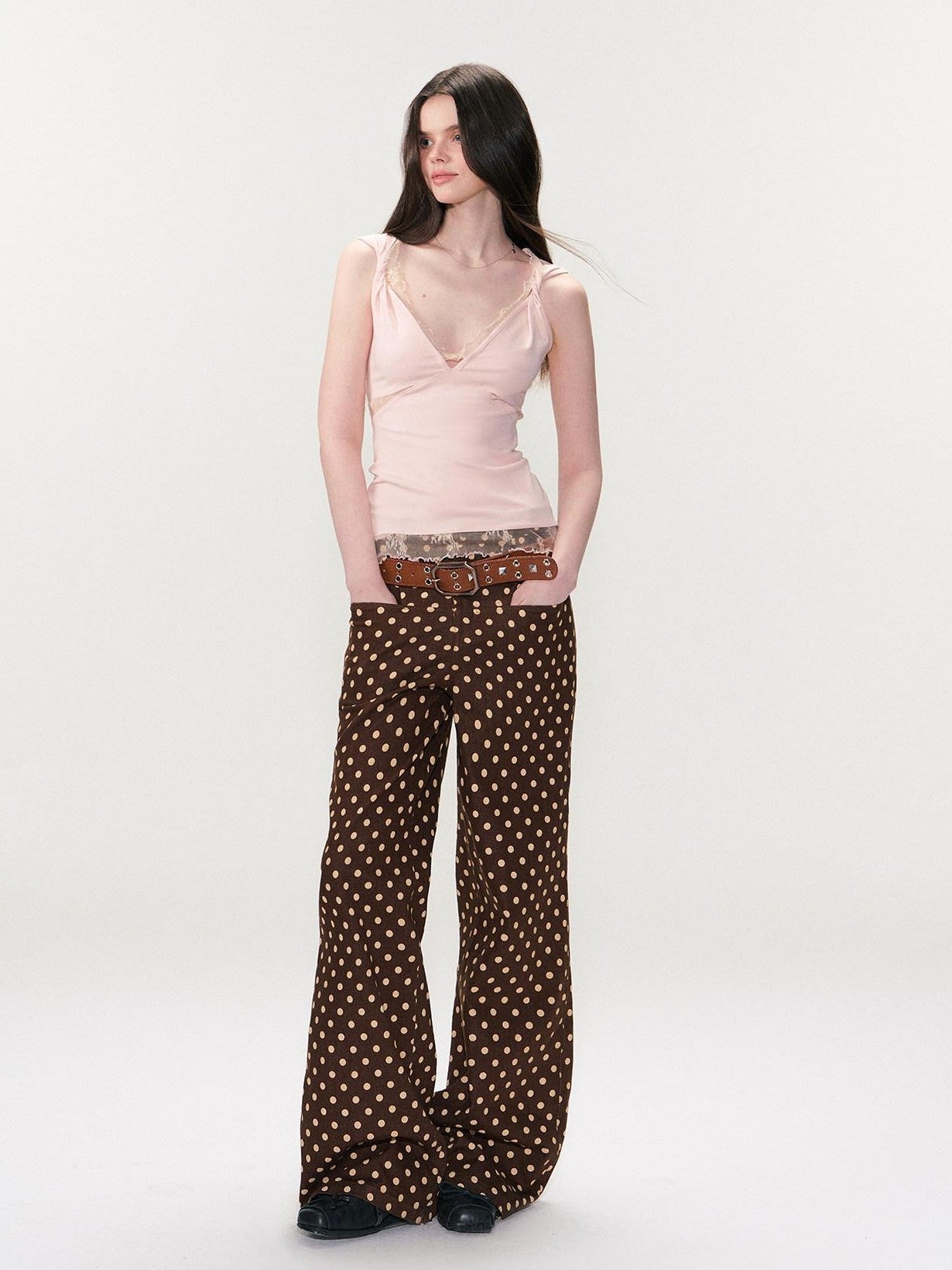 The NeverMore Brown Vintage Polka Dot Natural Waist Casual Women&