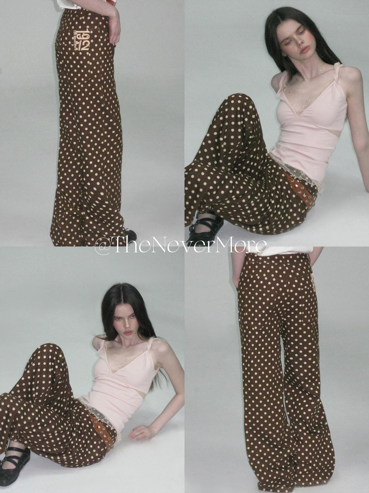 The NeverMore Brown Vintage Polka Dot Natural Waist Casual Women&