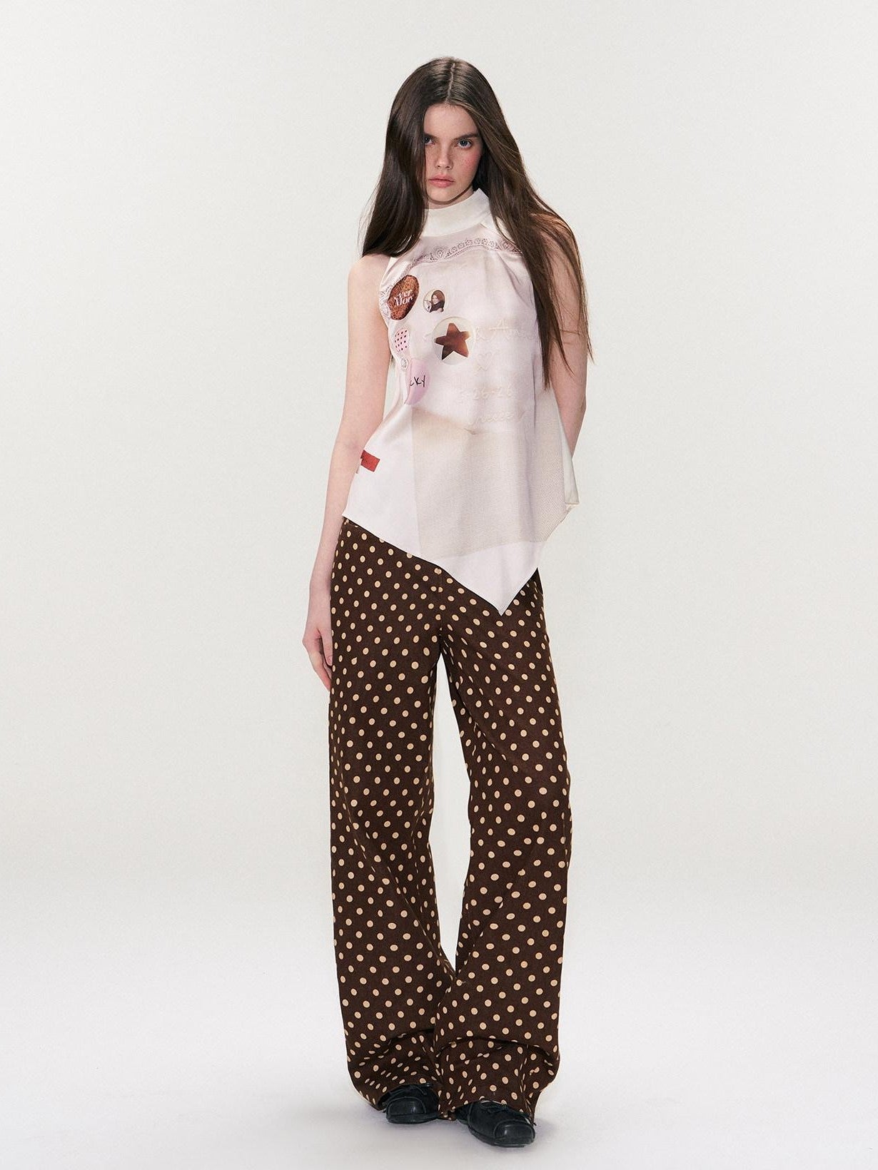 The NeverMore Brown Vintage Polka Dot Natural Waist Casual Women&