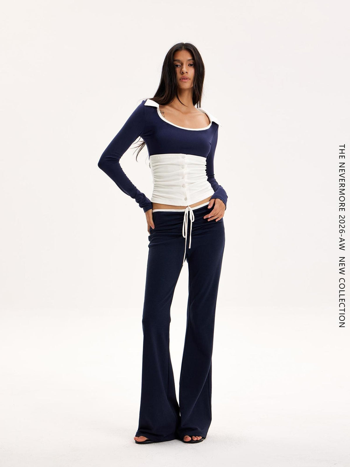 The NeverMore Color Block Collared U Neck Button Long Sleeve Drawstring Flared Women&