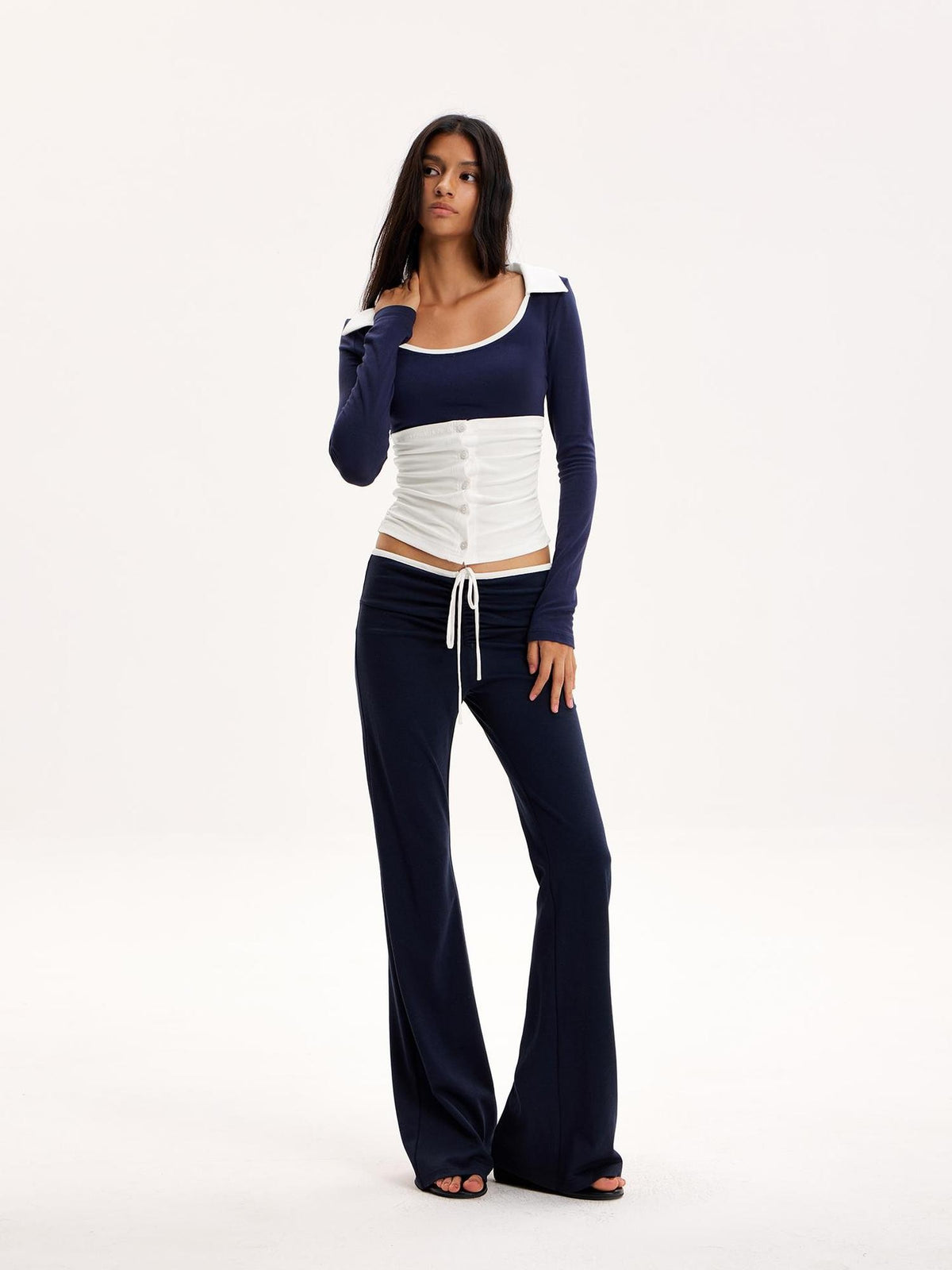 The NeverMore Color Block Collared U Neck Button Long Sleeve Drawstring Flared Women&