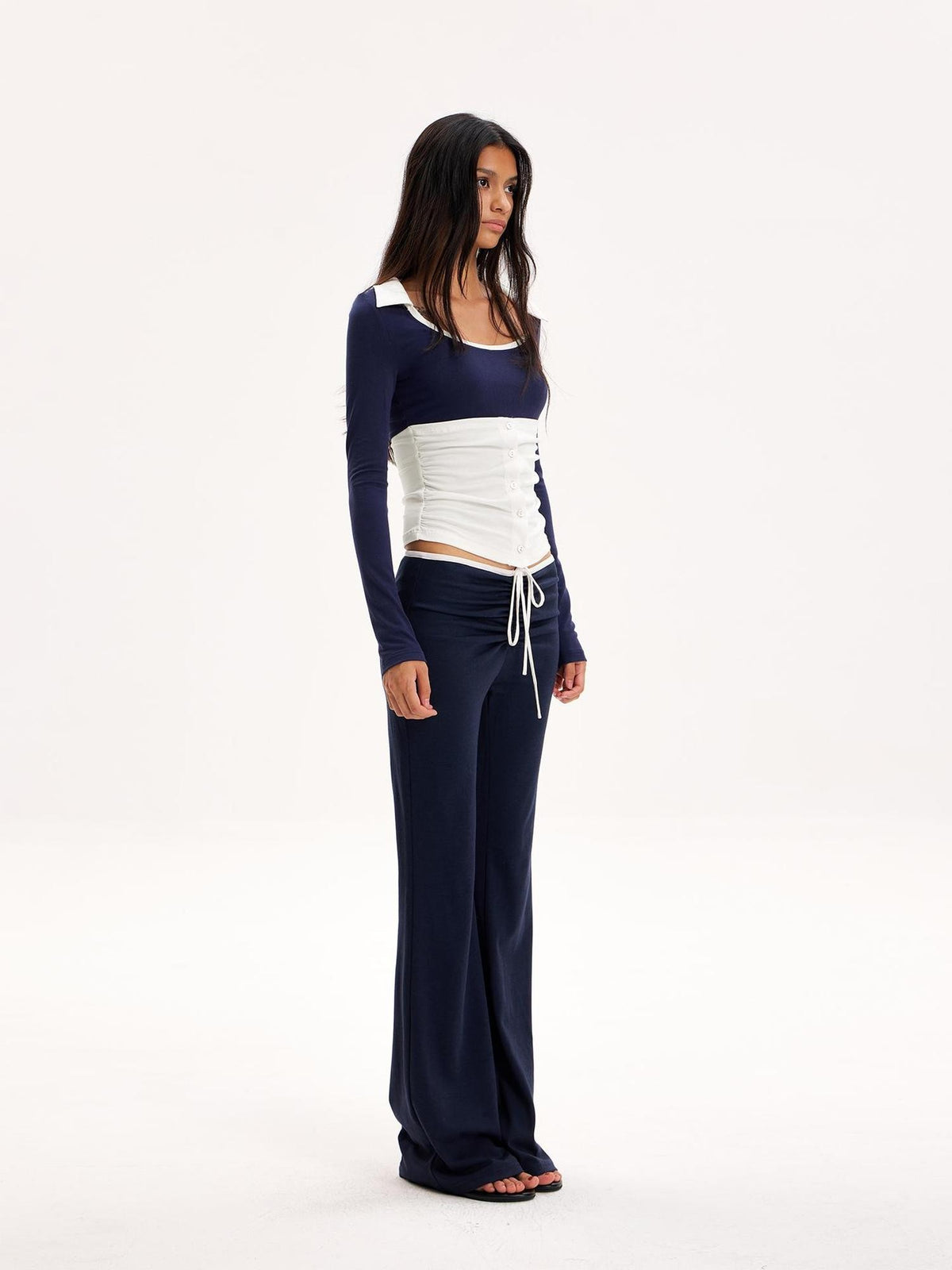The NeverMore Color Block Collared U Neck Button Long Sleeve Drawstring Flared Women&