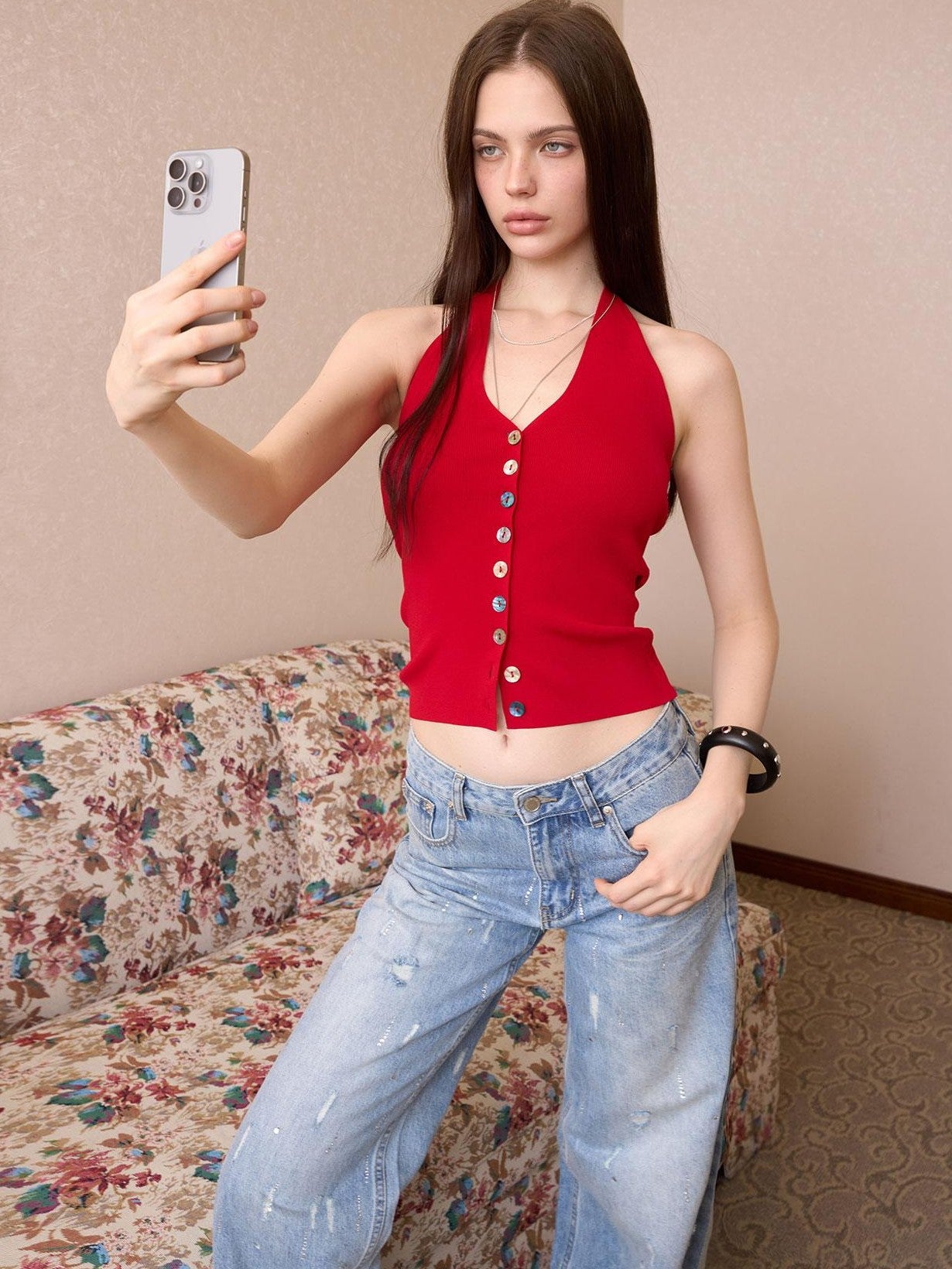 The NeverMore Colorful Yarn Knit Single Button French Slim Women&