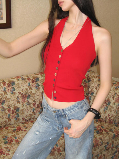 The NeverMore Colorful Yarn Knit Single Button French Slim Women&