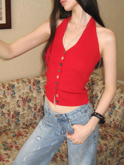 The NeverMore Colorful Yarn Knit Single Button French Slim Women&