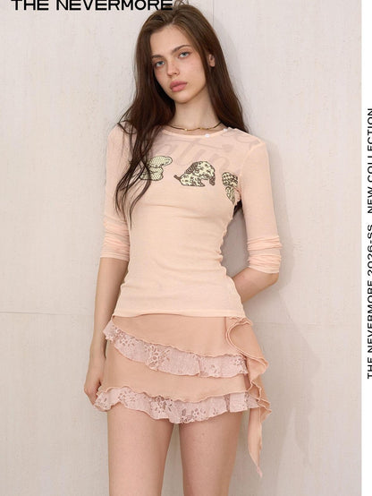 The NeverMore Coral Pink Lace Spliced Low Waist A Line Women&