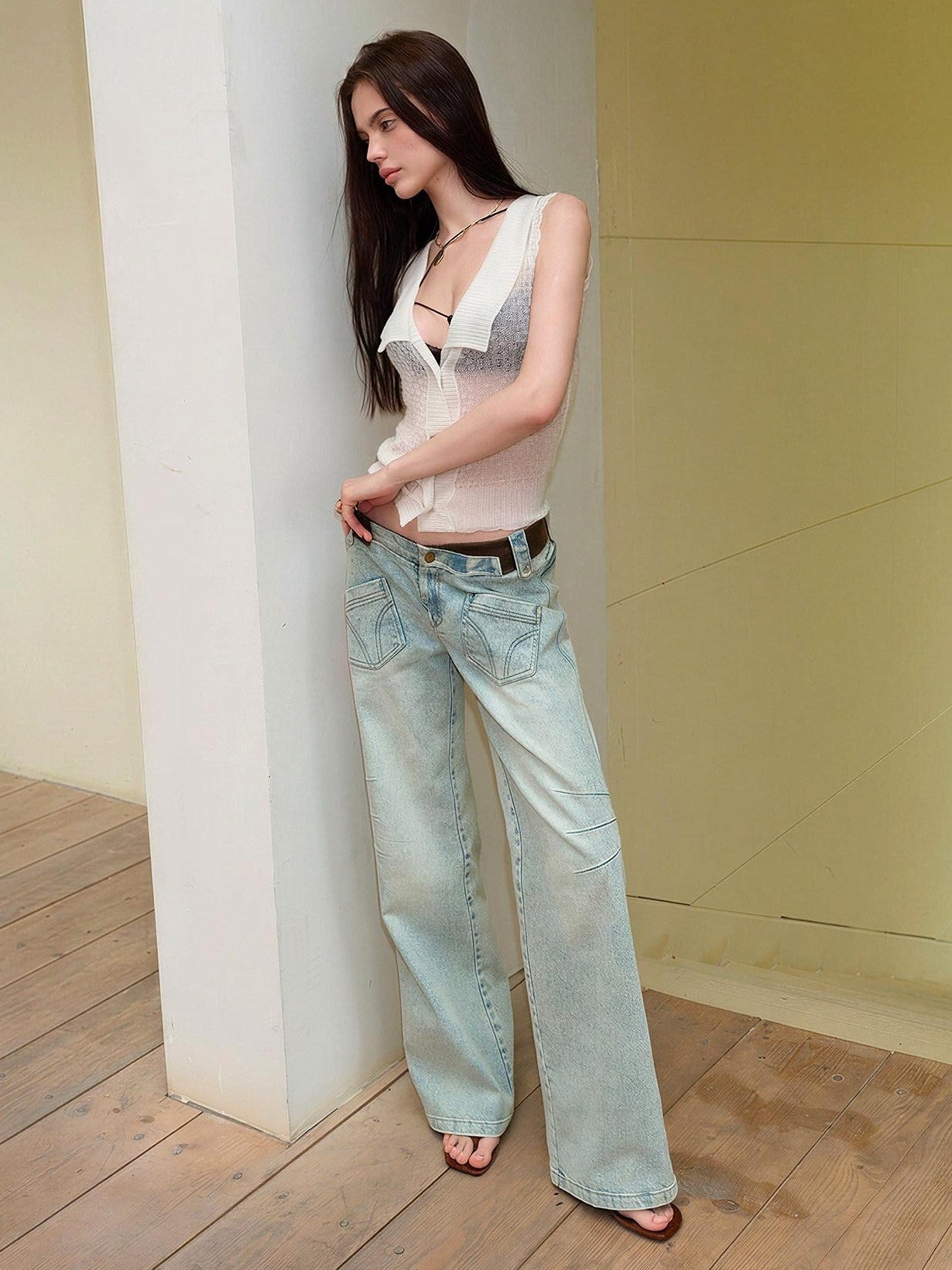 The NeverMore Cropped Sleeveless Openwork Slim Fit Collared Women&