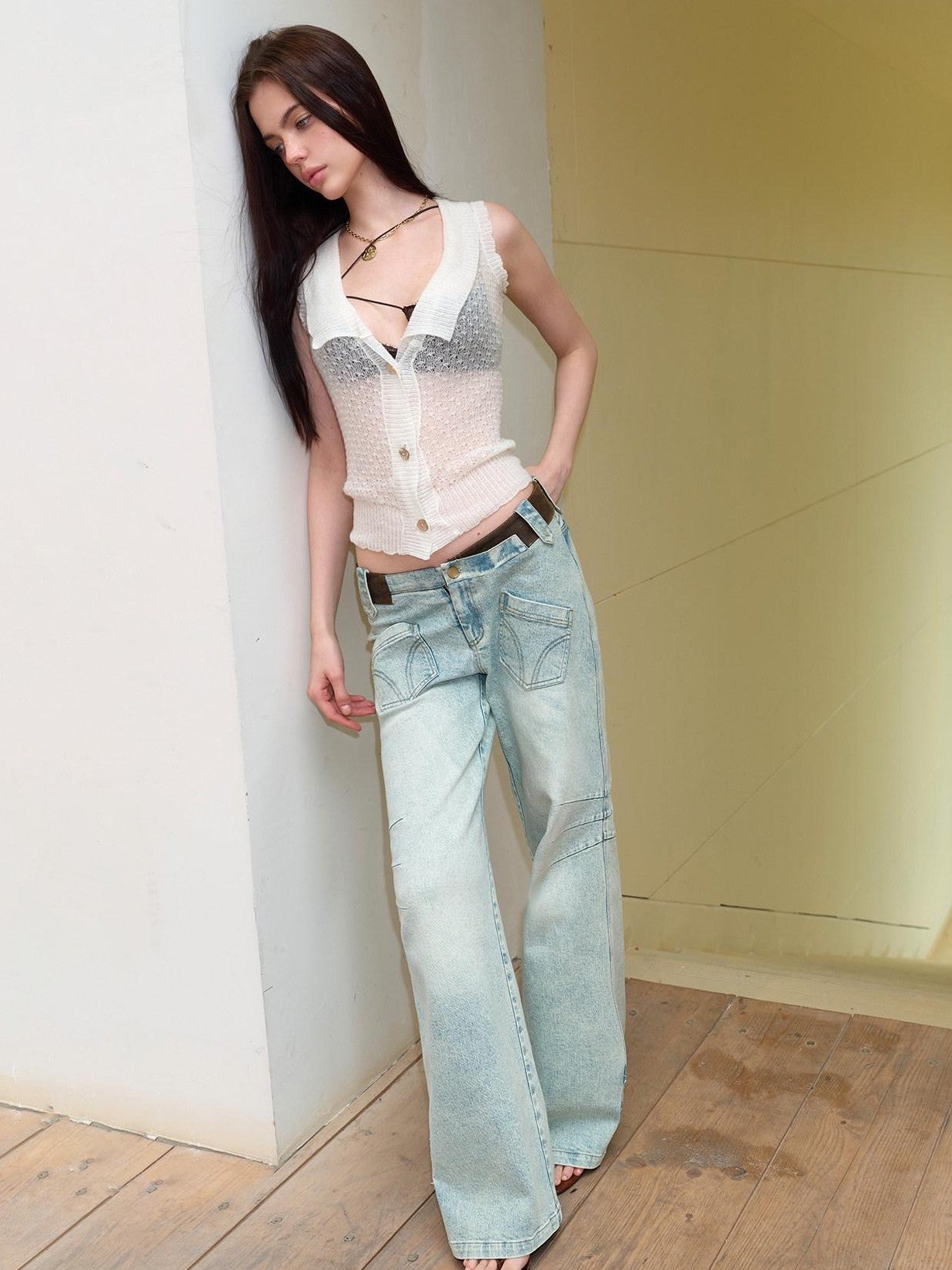 The NeverMore Cropped Sleeveless Openwork Slim Fit Collared Women&