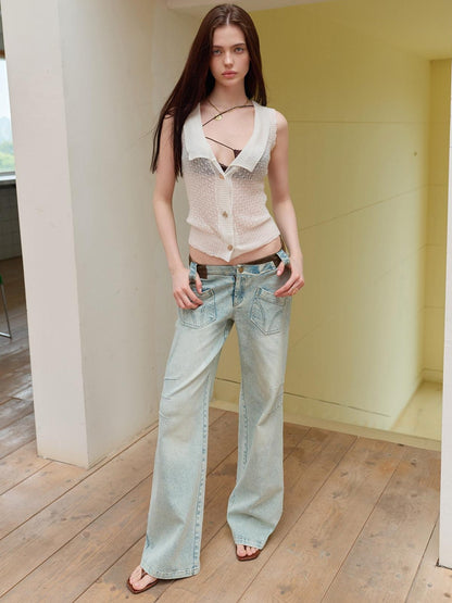 The NeverMore Cropped Sleeveless Openwork Slim Fit Collared Women&