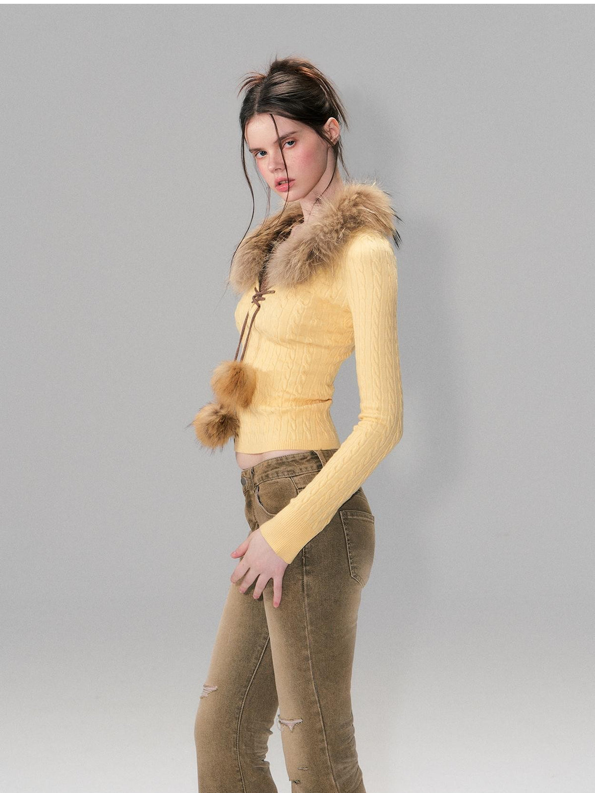 The NeverMore Detachable Raccoon Fur Collar Faux Layered Slim Fit Knit Women&