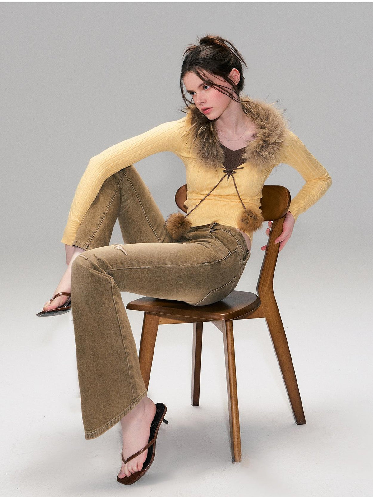 The NeverMore Detachable Raccoon Fur Collar Faux Layered Slim Fit Knit Women&