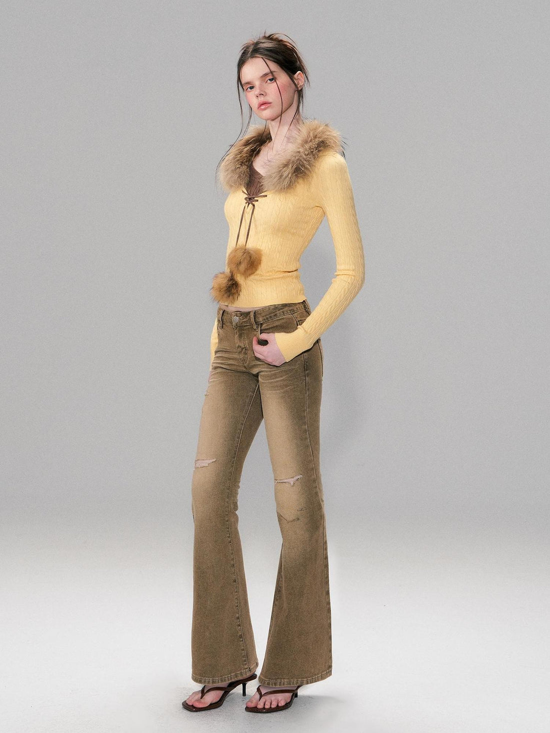 The NeverMore Detachable Raccoon Fur Collar Faux Layered Slim Fit Knit Women&