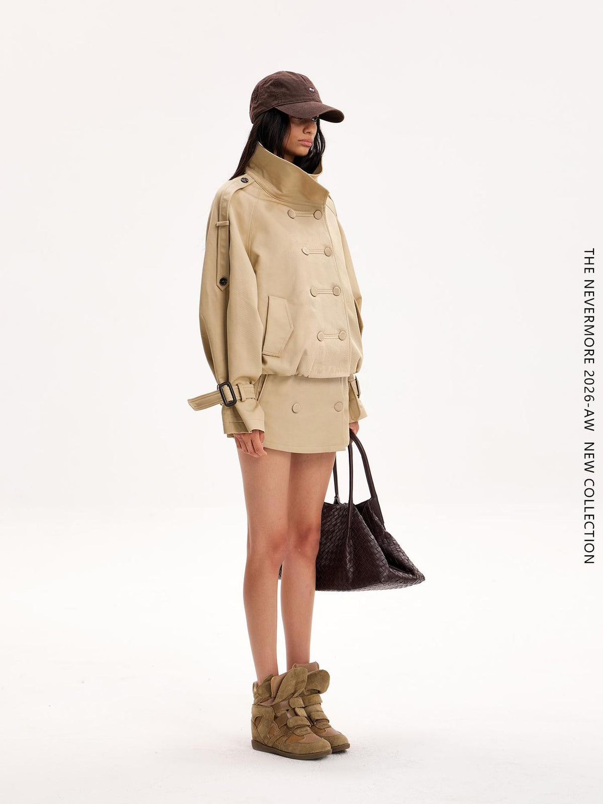 The NeverMore Double Breasted Button Front Stand Collar Cropped Windproof Women&